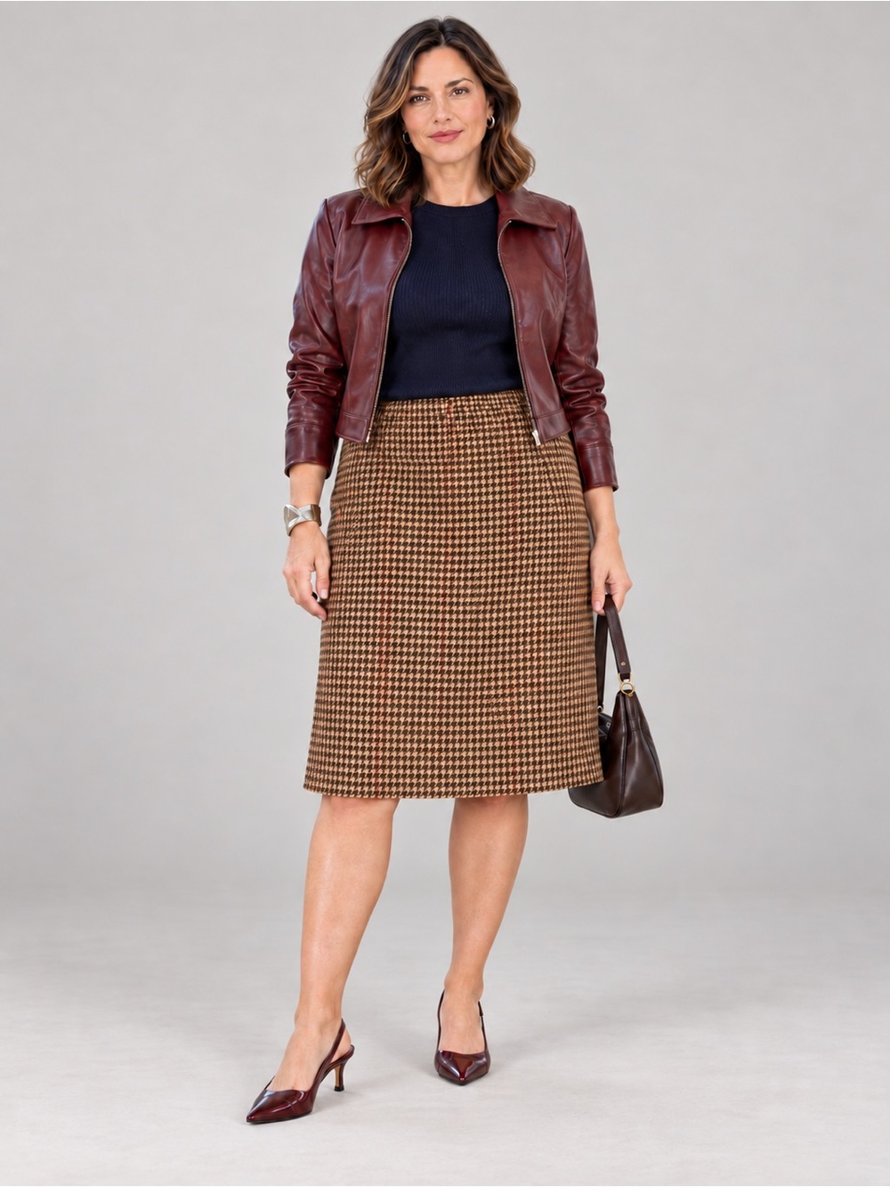 Vintage Wool Blend Houndstooth Skirt Brown Knee Length Pockets Dark Academia XL